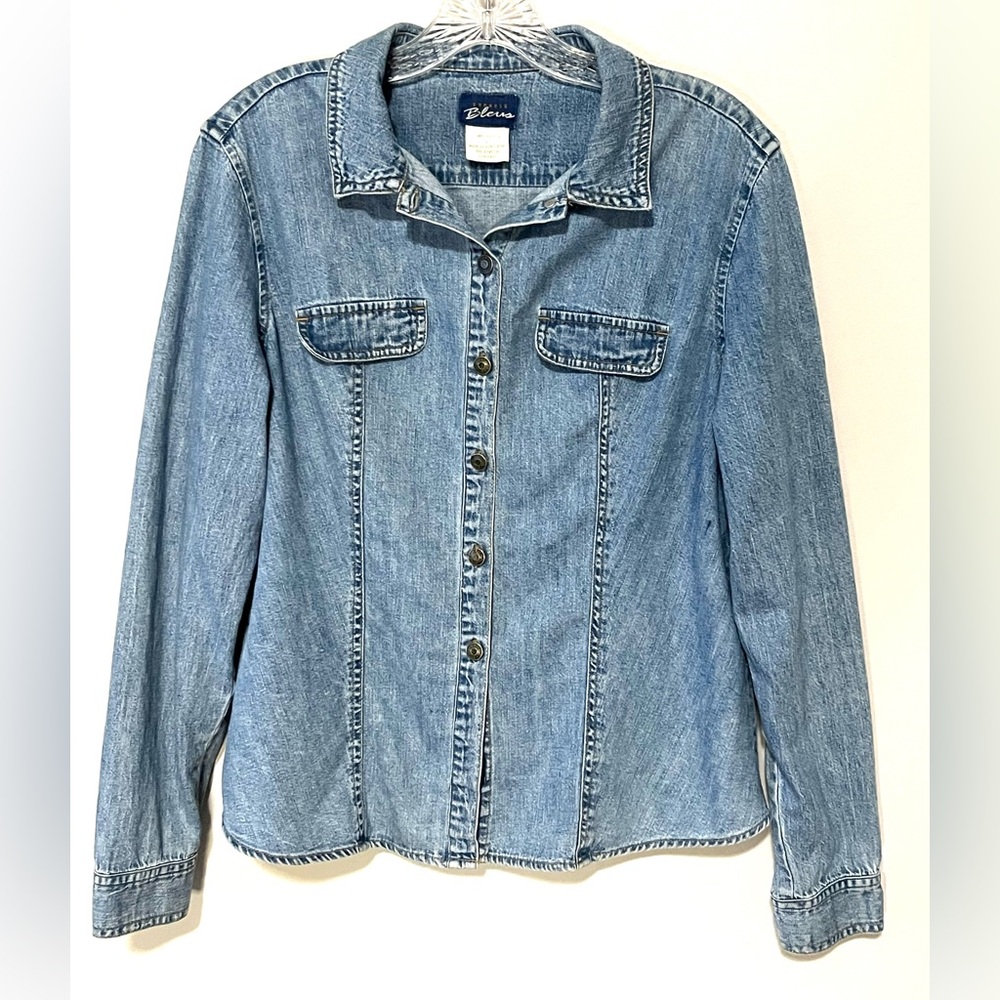 Vintage Express Bleus Blue Denim Distressed Button Long Sleeve Shirt Jacket LG